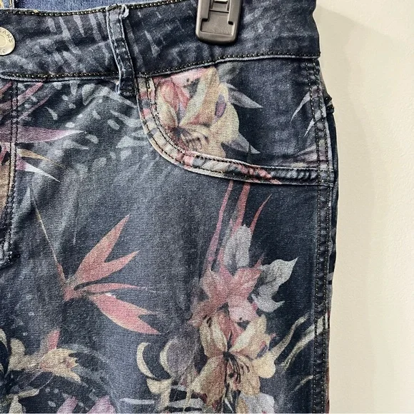 Tempo Paris Blue Floral Reversible Denim Skinny Jeans Cotton Blend Large - Picture 7 of 16